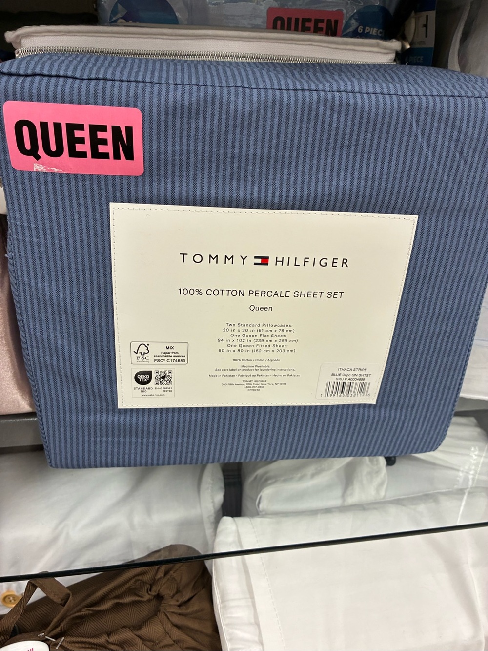 Tommy Hilfiger Blue Pinstripe Cotton Percale Sheet Set - Queen